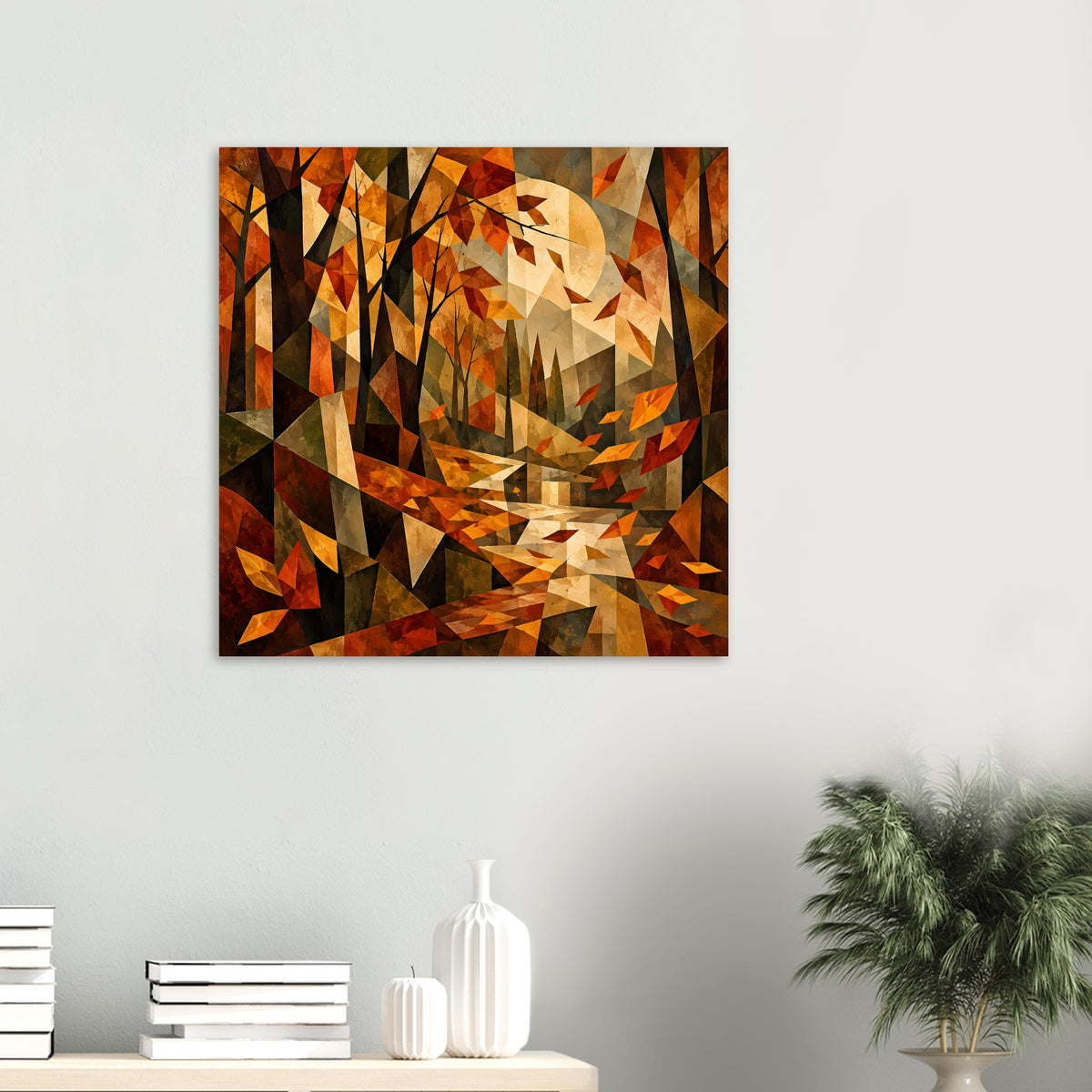 Quadratisches Poster mit kubistischer Herbstlandschaft aus Dreiecken in Braun, Orange und Beige.