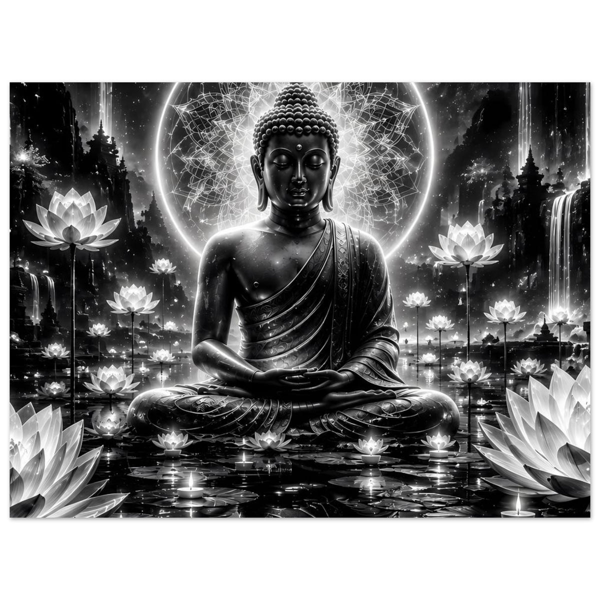 Buddha-Poster: sitzender Buddha in Schwarzweiß mit leuchtender Aura und Lotusblüten