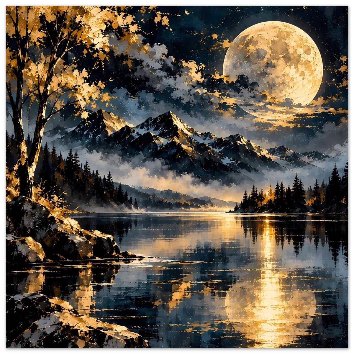 Landschaftsposter mit Vollmond über Bergsee, goldenen Akzenten und dunklem Wald