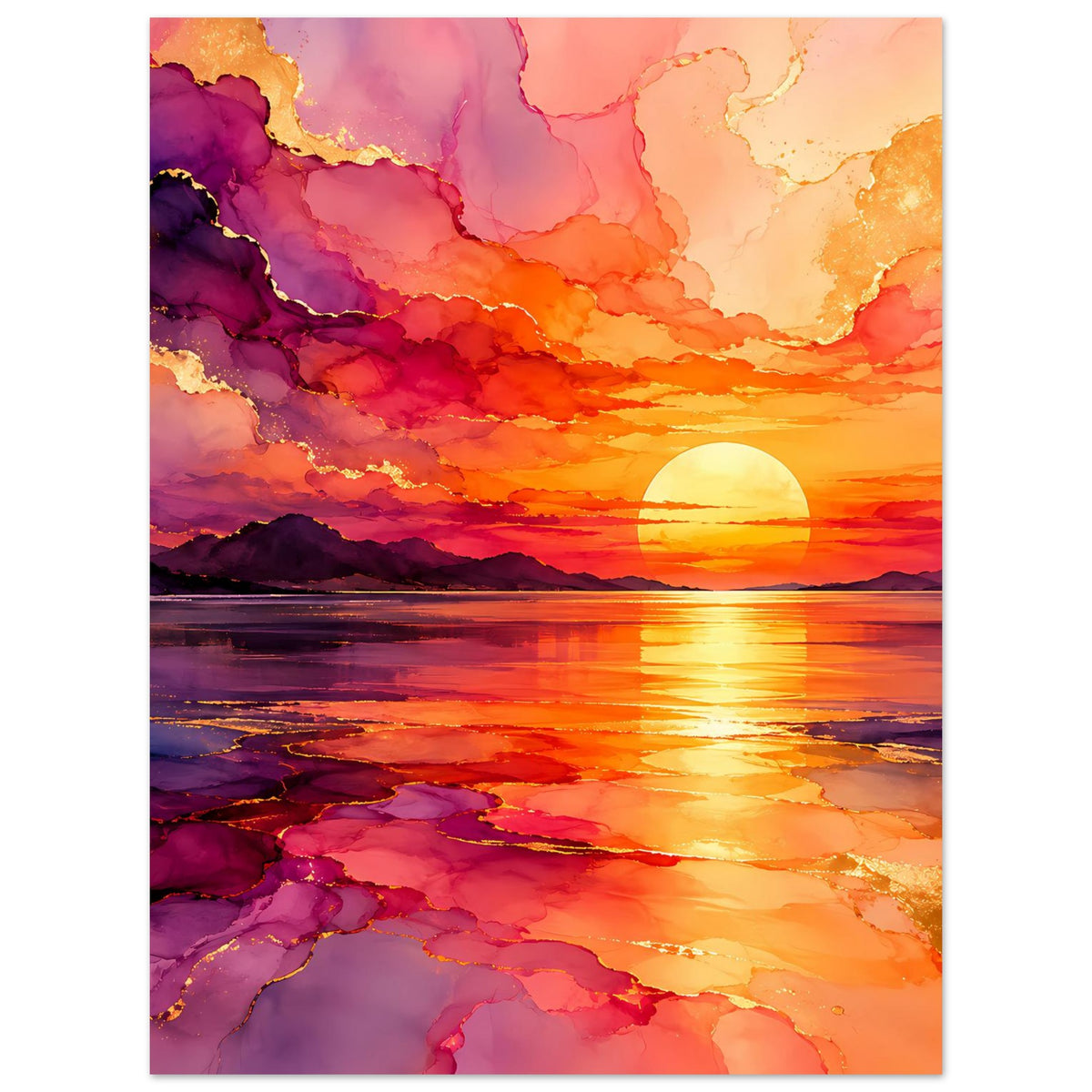Wandposter im Hochformat mit Sonnenuntergang, orangefarbener Himmel und violette Wasserspiegel