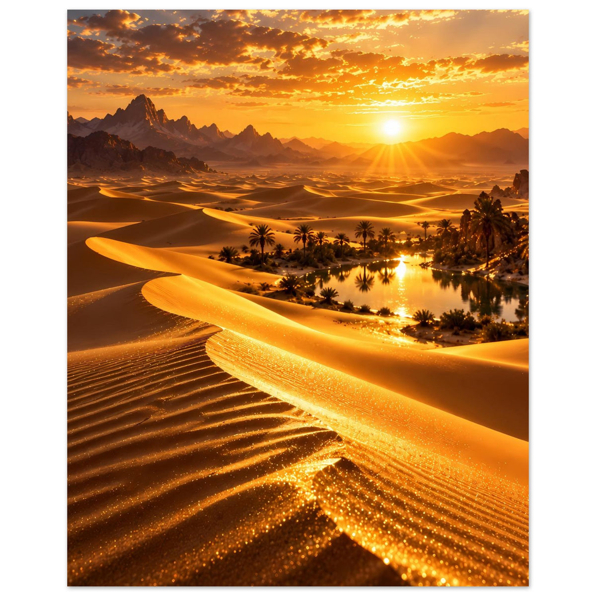 Wüstenlandschafts-Poster im Hochformat: goldene Dünen, Palmen entlang des Flusses, sonniger Himmel