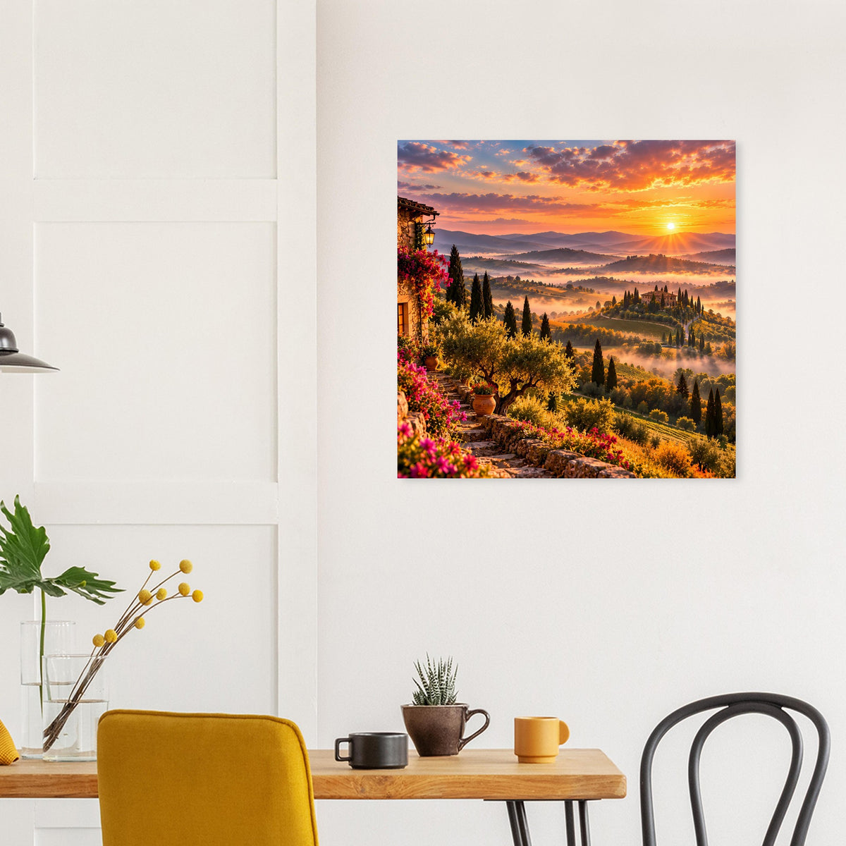 Quadratisches Poster mit Sonnenuntergang in hügeliger Landschaft, Wegen und Vegetation