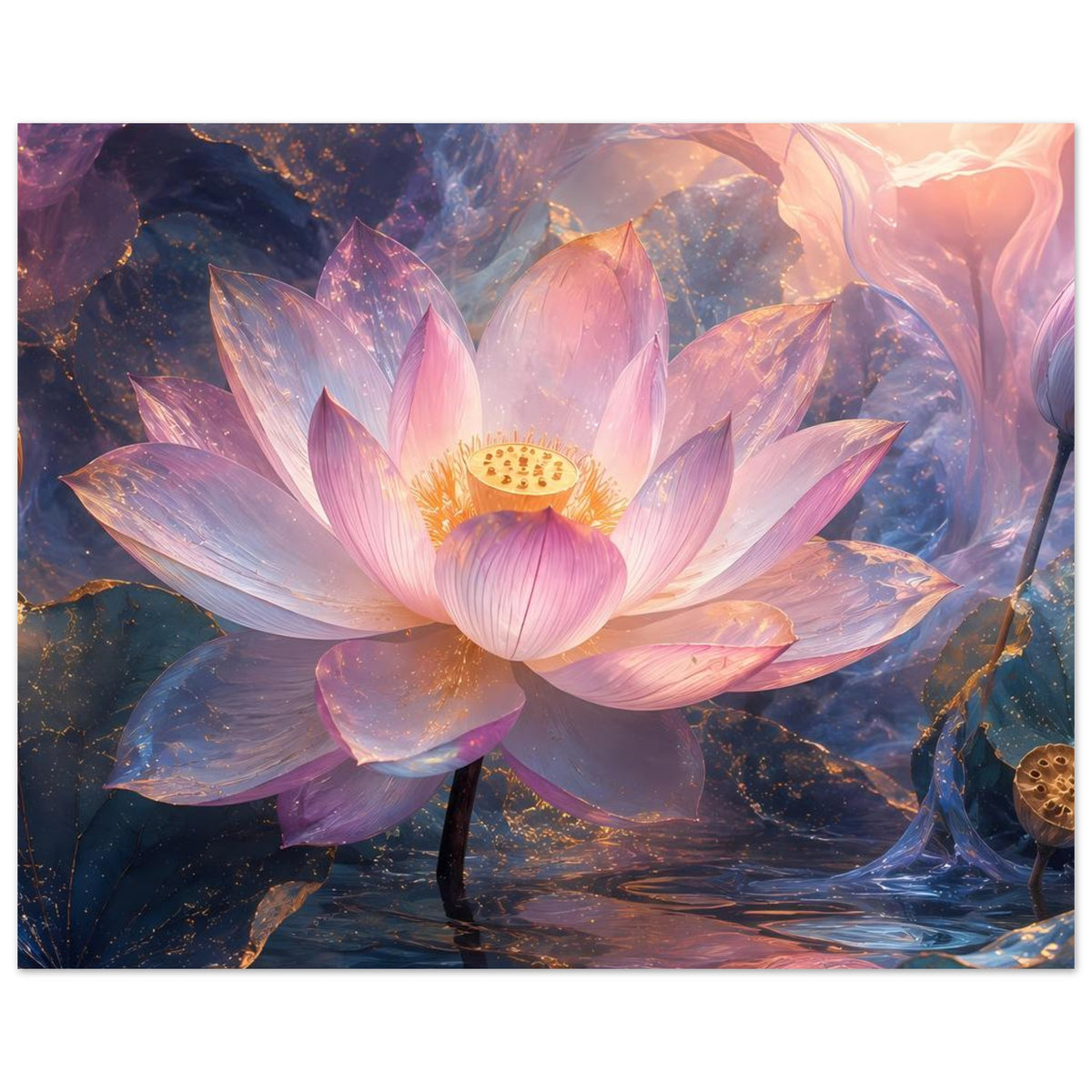 Magisches Lotusblüten-Poster: rosa Lotusblüte mit goldener Mitte, dramatischer Blau-Violett-Stimmung