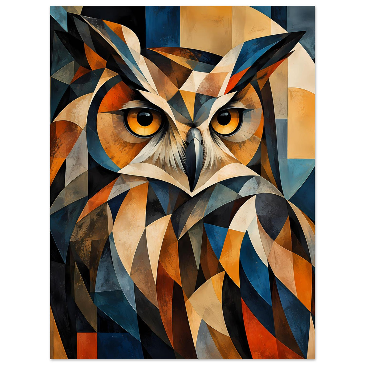 Geometrisches Eulenposter, mittige Ansicht des Eulenkopfes mit orange-blauen Farbflächen
