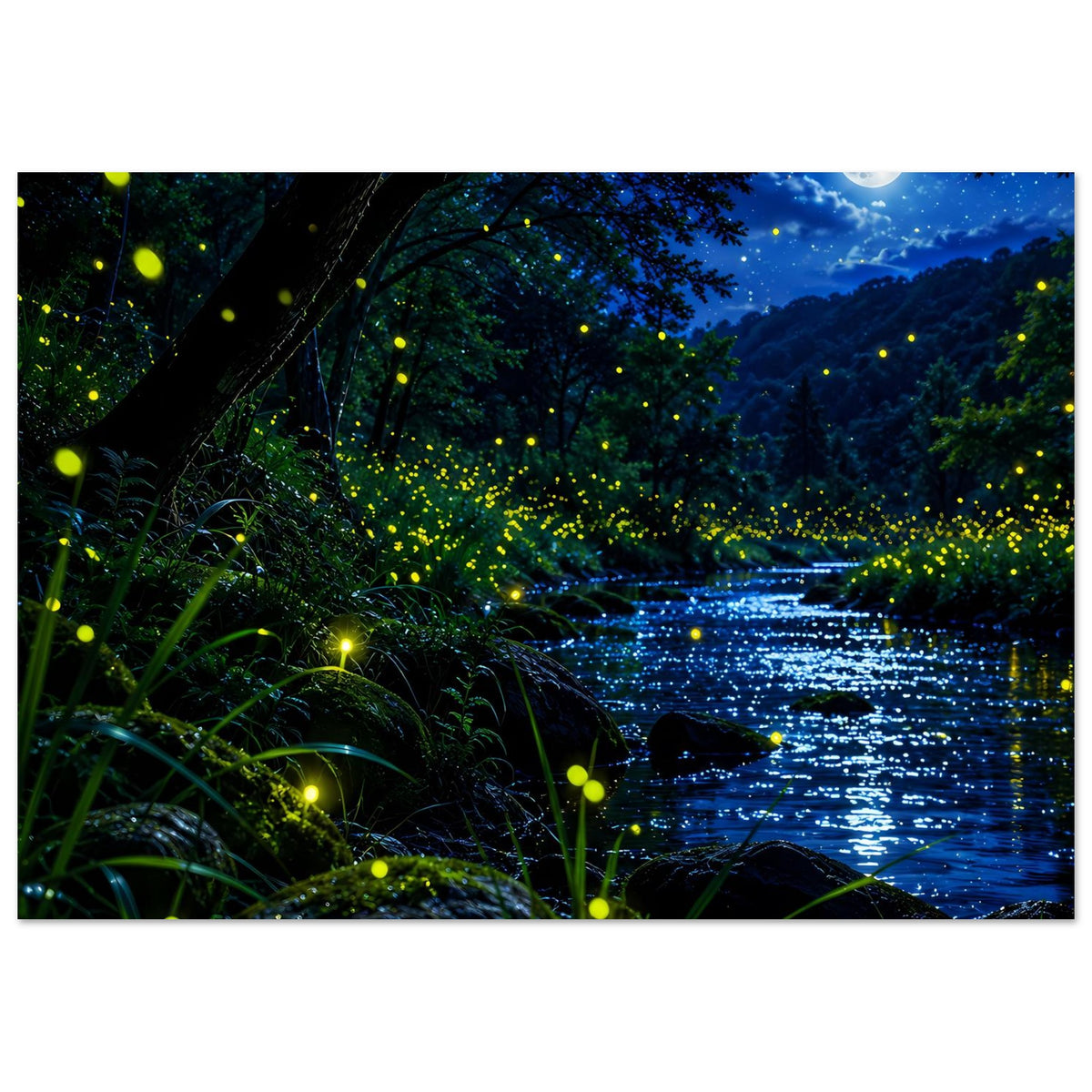 Poster Waldnacht am Wasser mit Mondschein und leuchtenden Glühwürmchen im Gras