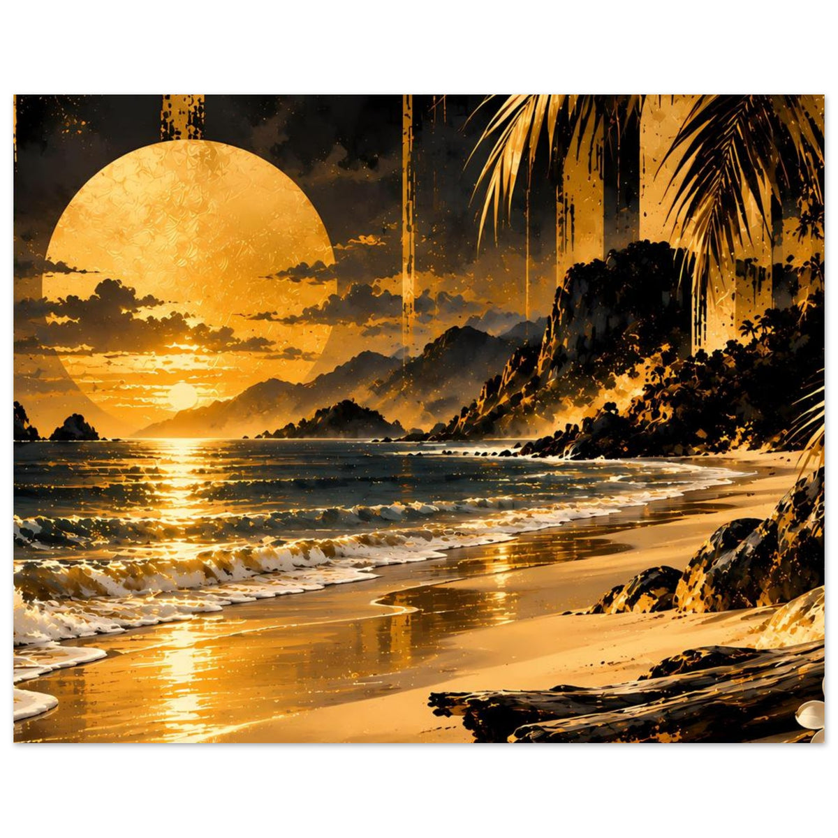 Querformatiges Kunstposter mit Golden-Sunset-Strand, großer Sonne, Palmen und Felsenküste