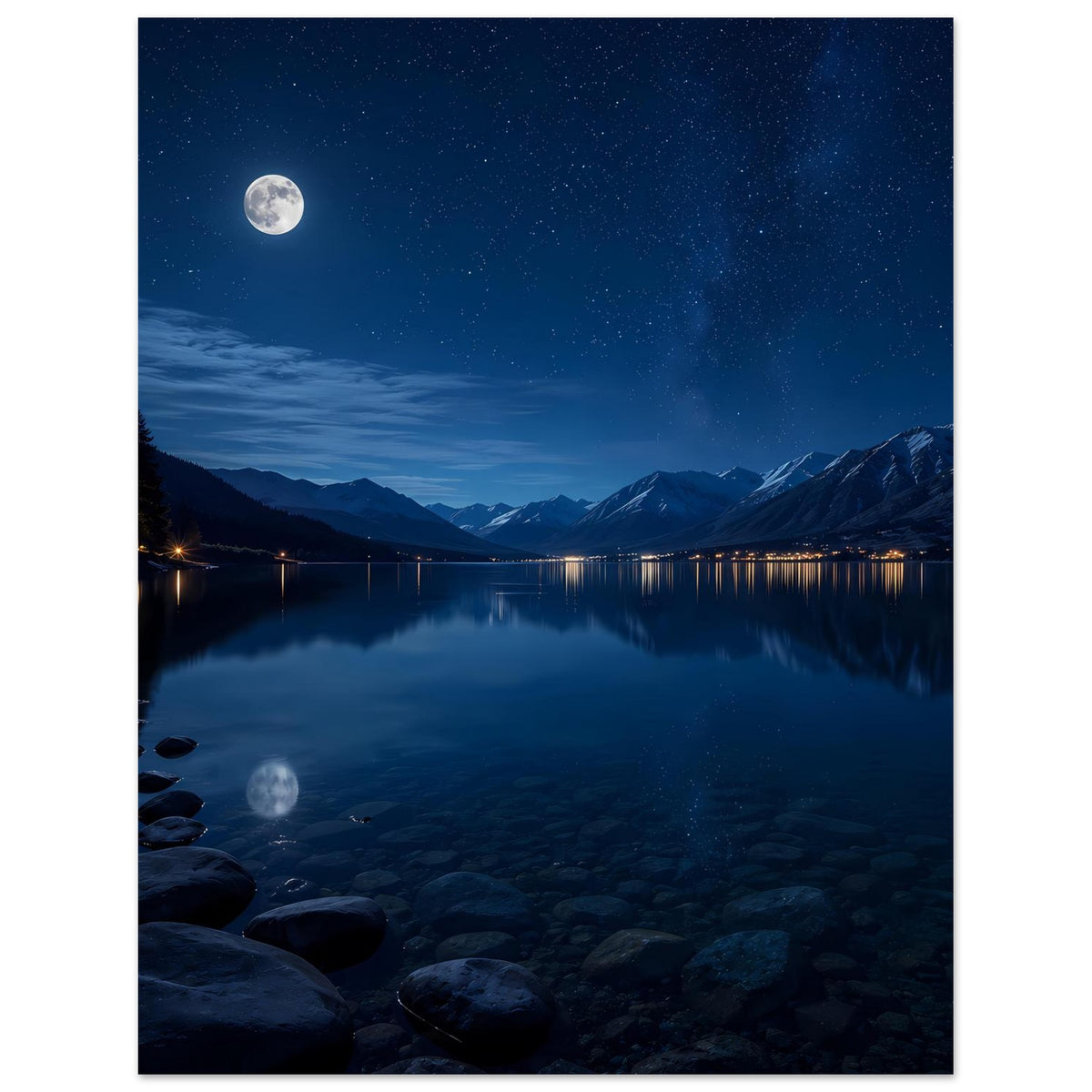 Hochformat-Poster mit Mond über Bergsee, Sternenhimmel, Felsen am Ufer und Spiegelung