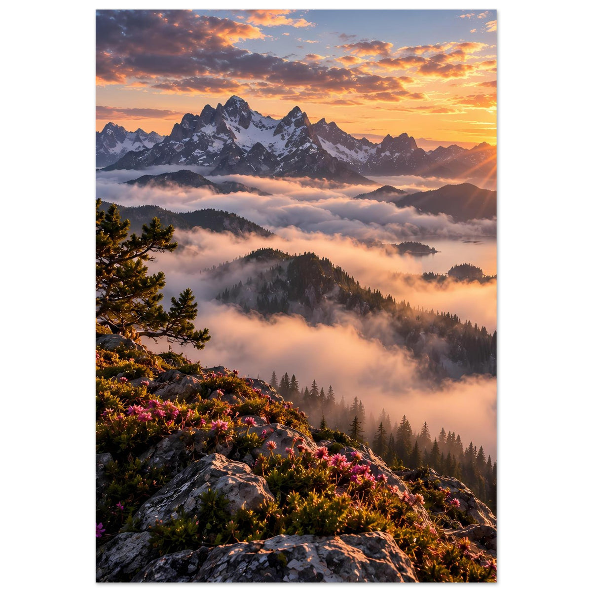 Vertikales Poster mit Berggipfeln im Morgenlicht, Nebelwellen und blühenden Pflanzen am Hang