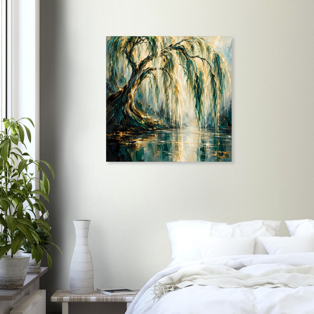 Quadratisches Wandposter mit Weidenbaum in Grün-Gold und Wasserreflexion