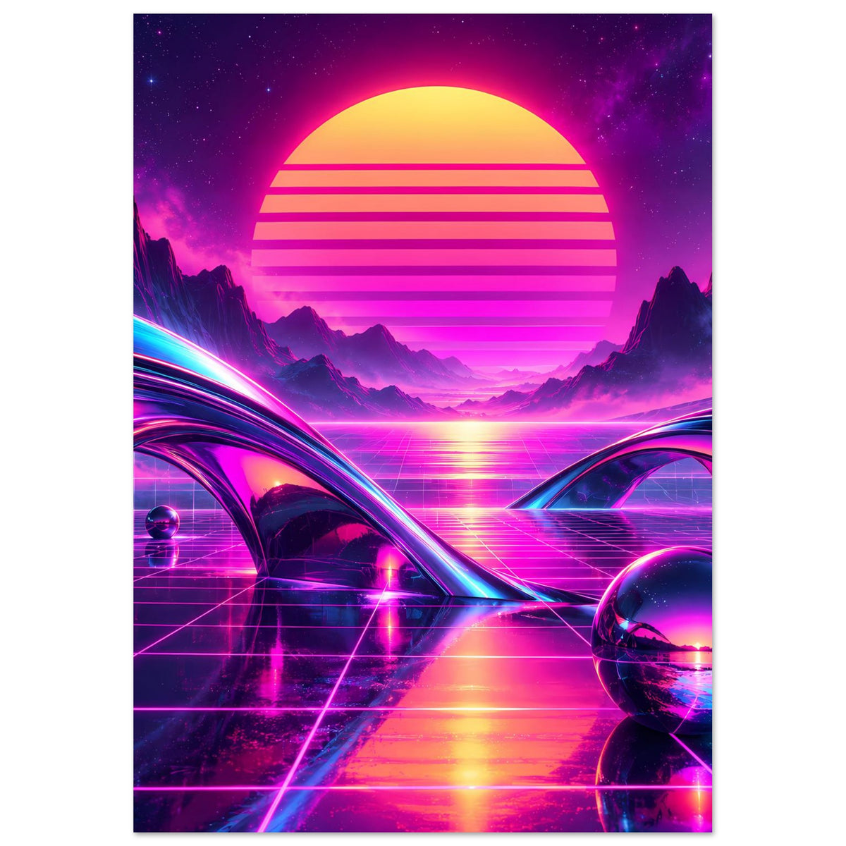 Retro-Science-Fiction-Poster im Hochformat: neonfarbene Lichtkurven, futuristische Landschaft