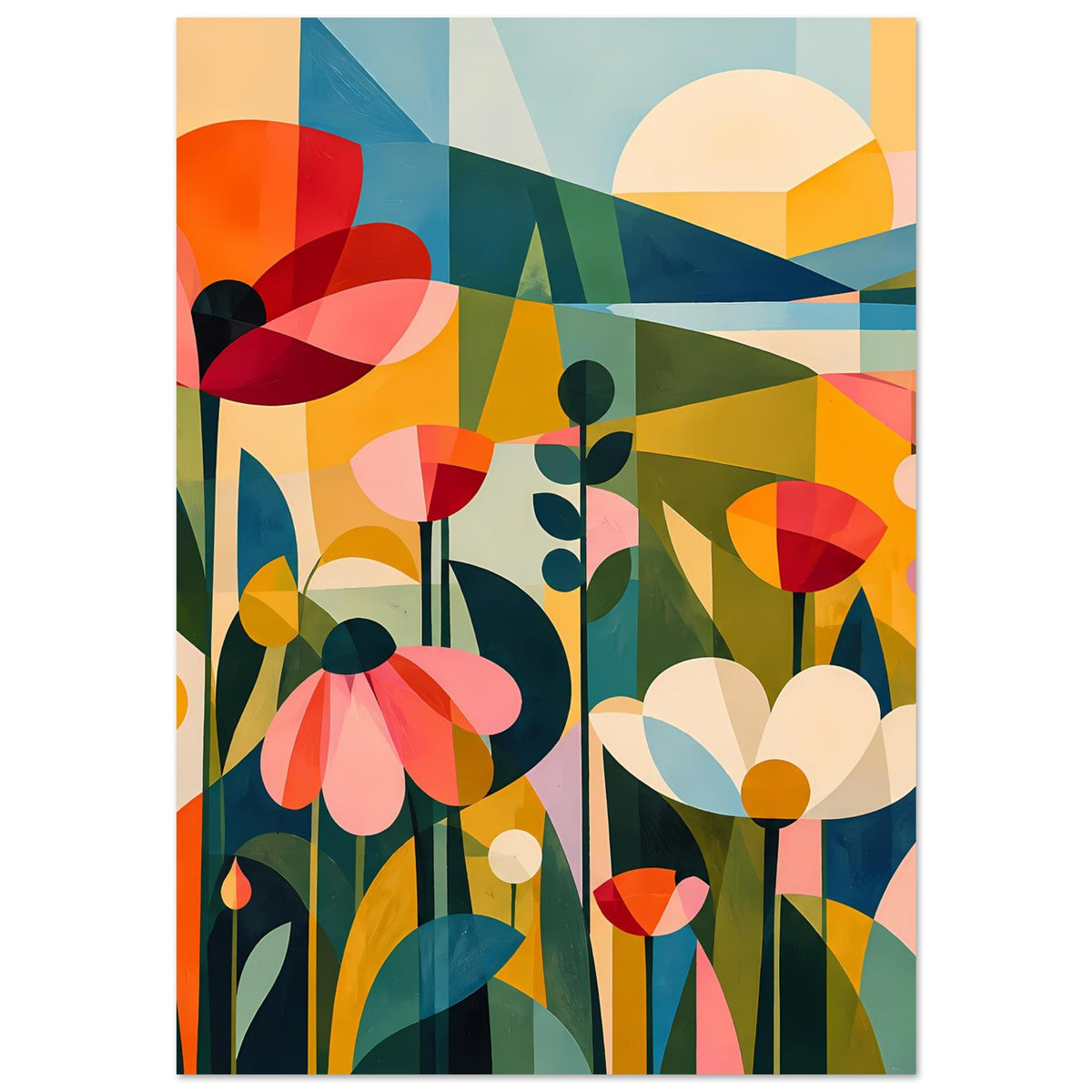 Blumenposter im Hochformat mit großen stilisierten Blüten und bunten geometrischen Ebenen.
