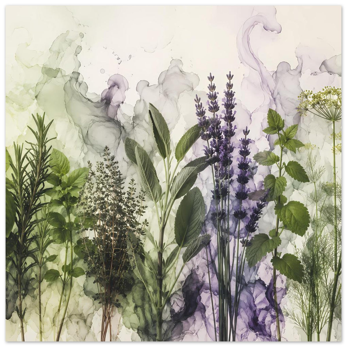 Botanisches Poster mit Lavendel-Ähren, grünen Blättern und Kräuterillustrationen