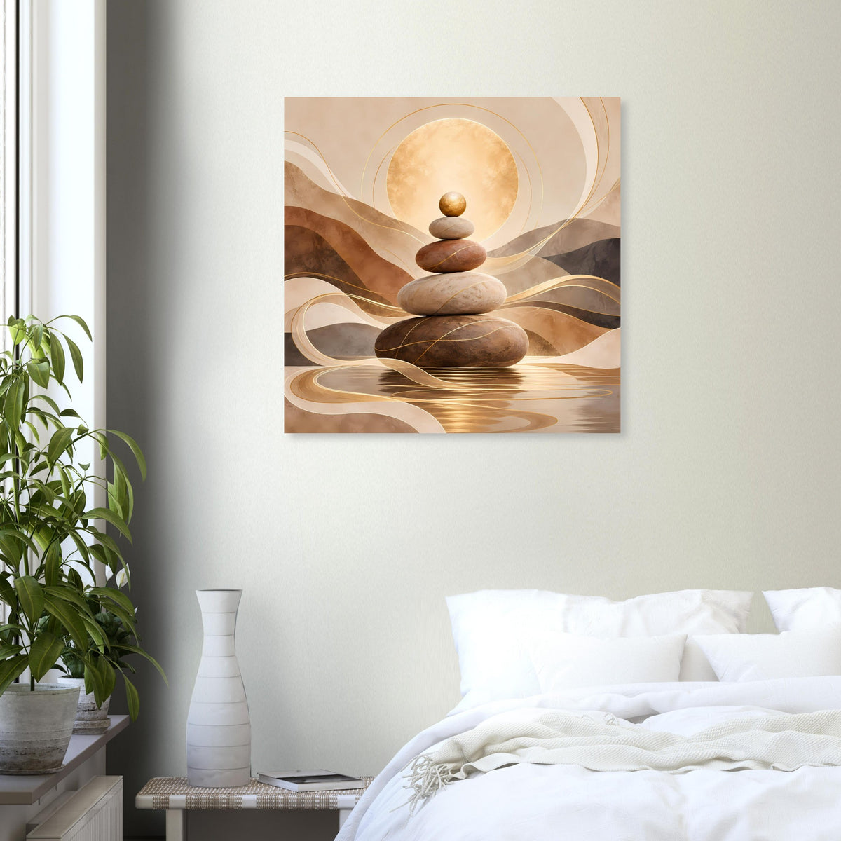 Wandposter mit balancierenden Steinen, goldenen Strömen und Kreislicht in Erdtönen