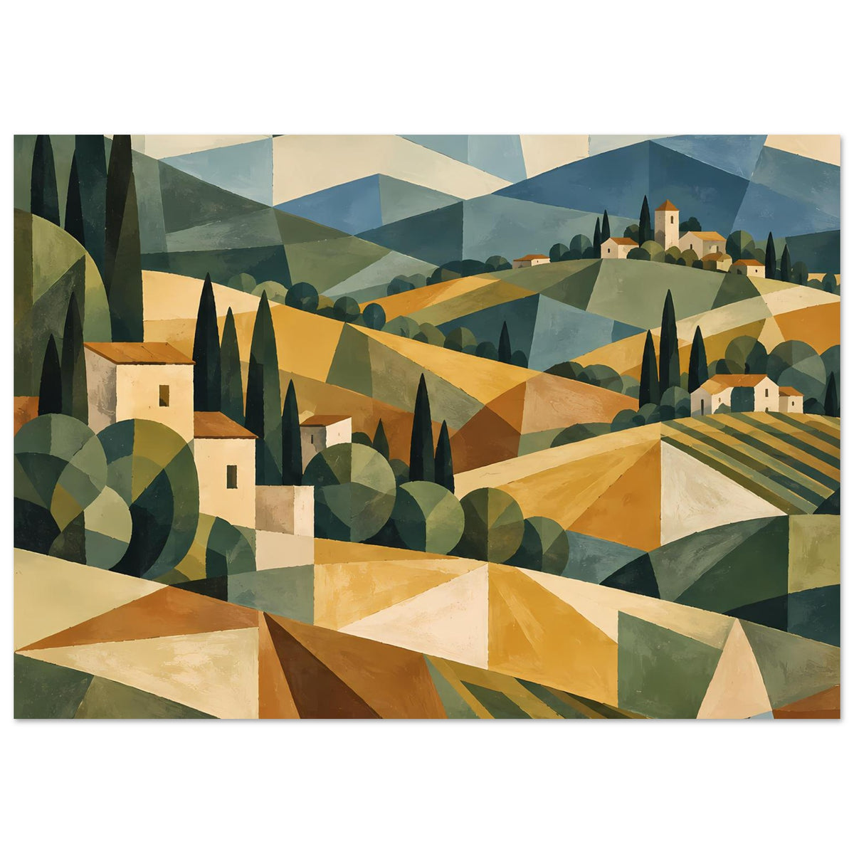 Poster mit geometrischer Toskana-Landschaft in warmen Erdtönen, Häuser und Zypressen