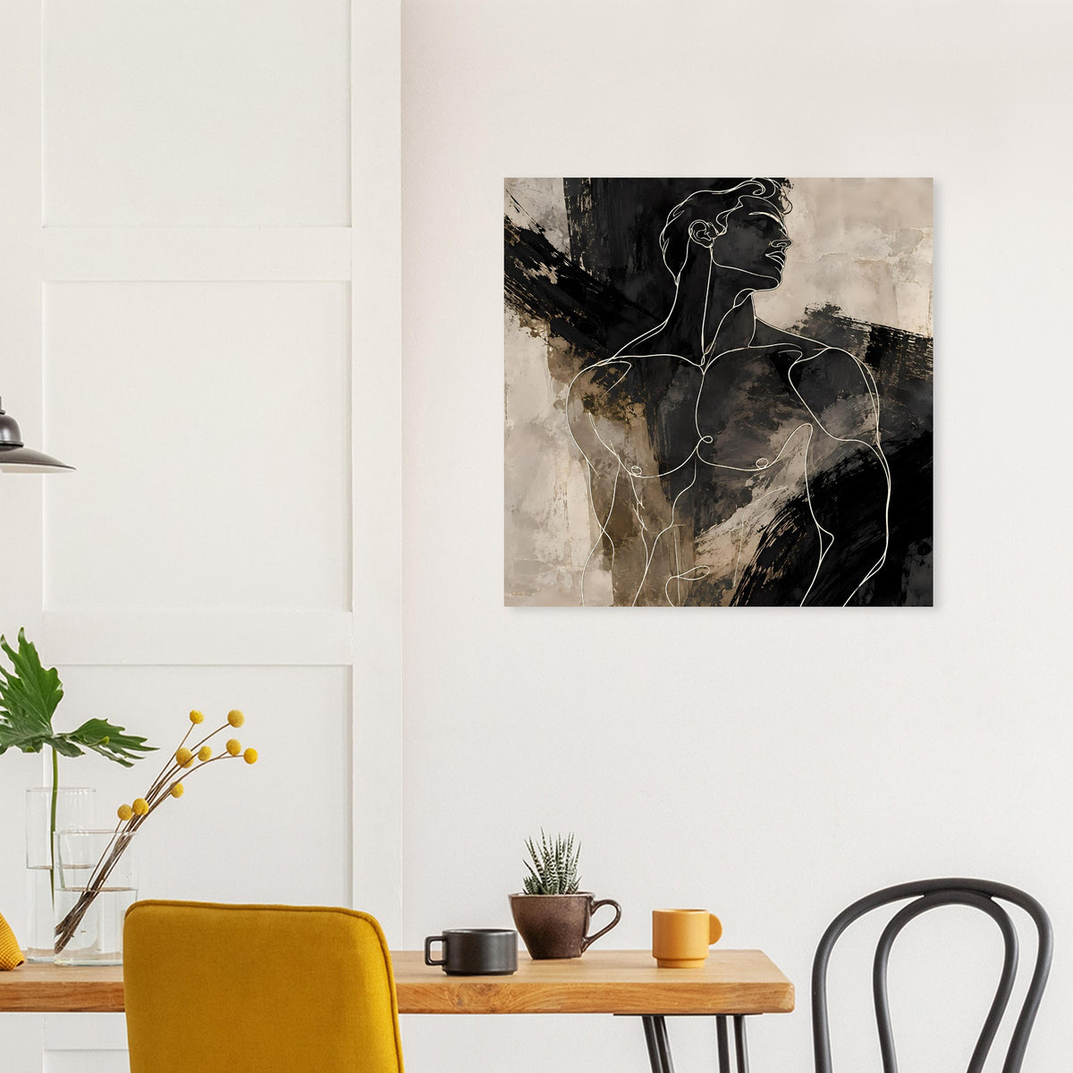 Quadratisches Poster: männliches Profil in Linienzeichnung, schwarz-graue Kontraste
