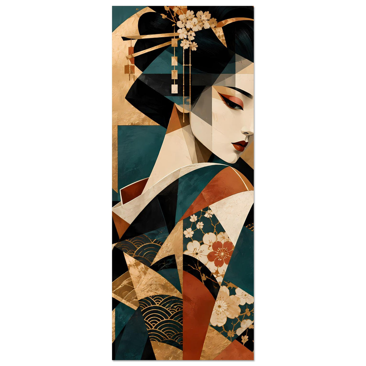 Geisha-Kunstposter mit Gesicht im Profil und Kimono in Gold-, Türkis- und Rottönen