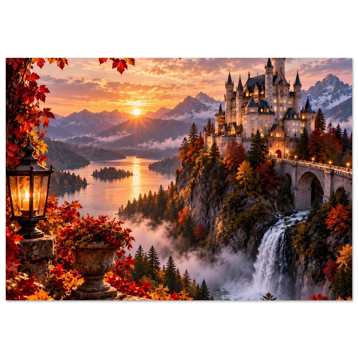Herbst-Poster im Querformat mit beleuchtetem Schloss, See, Nebel und Wasserfall.