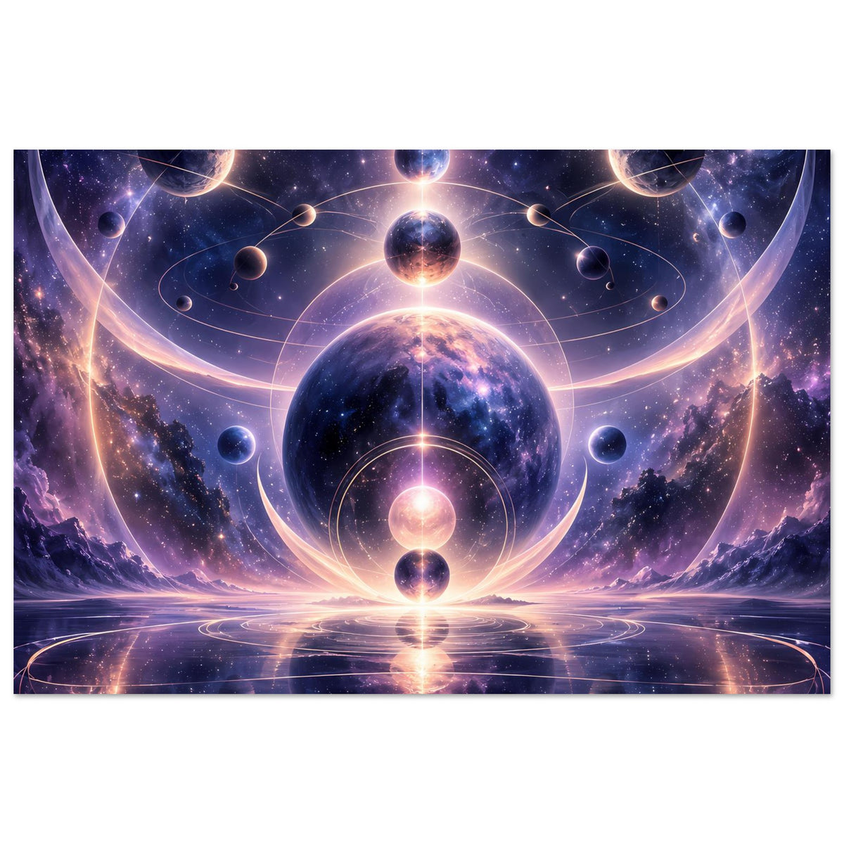 Poster im Querformat mit kosmischem Motiv: Planetenbahn, leuchtende Kreise und Spiegelung.