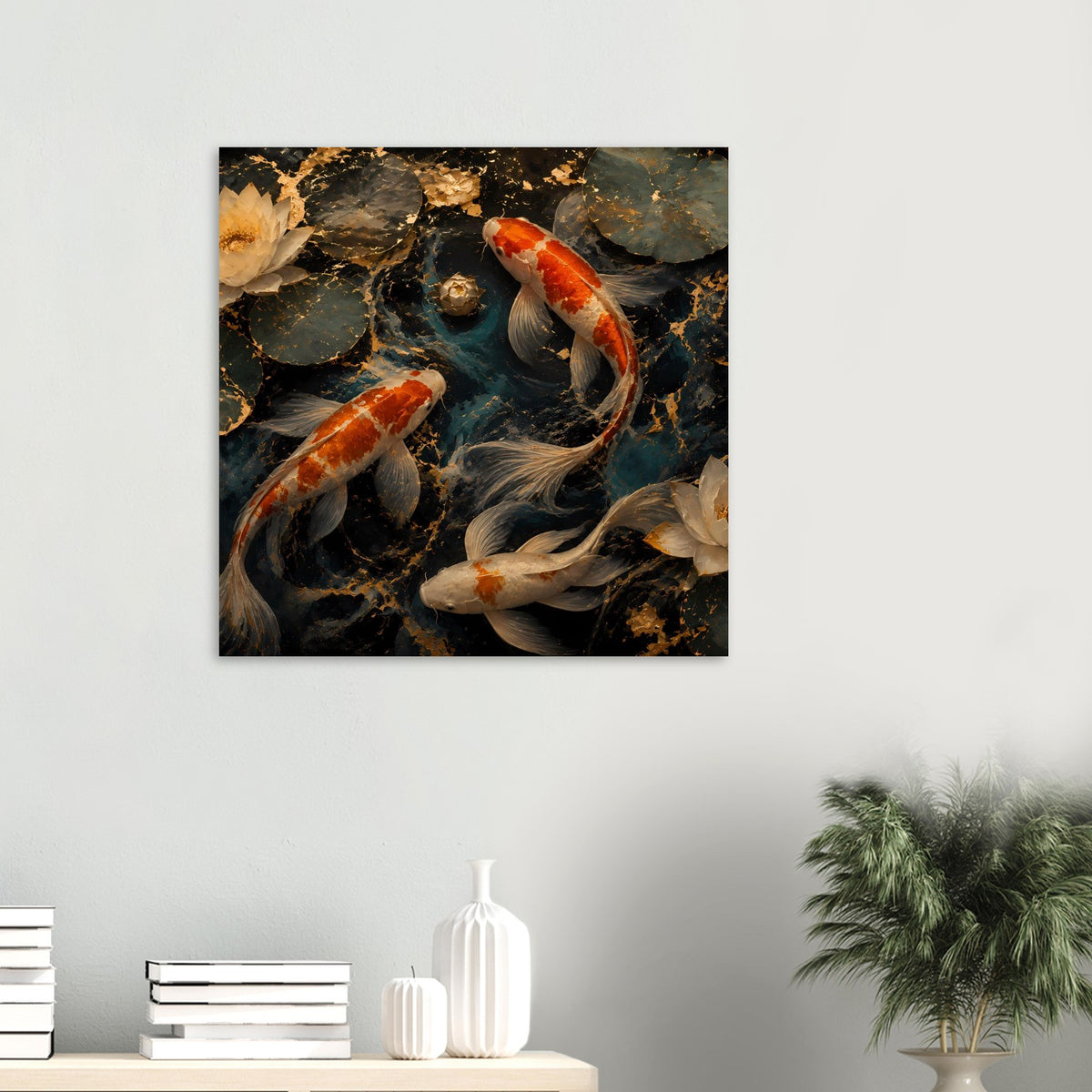 Koi-Teichkunstposter mit orangefarbenen und weißen Koi-Fischen im dunklen Wasser