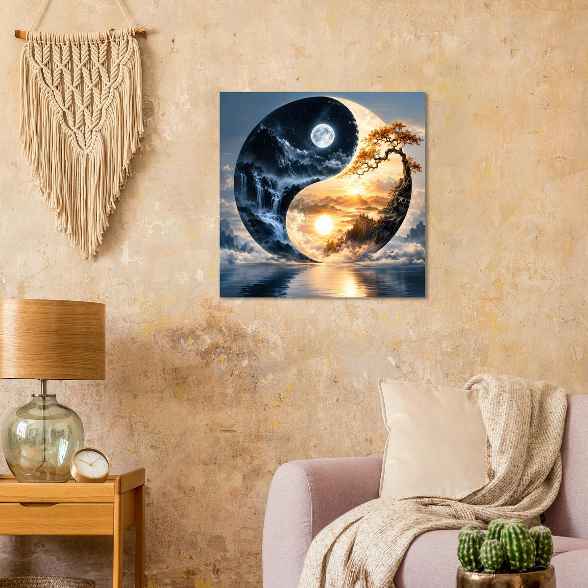 Quadratisches Poster mit Yin-Yang-Landschaft: Mond und Sonne, dunkelblau und gold.