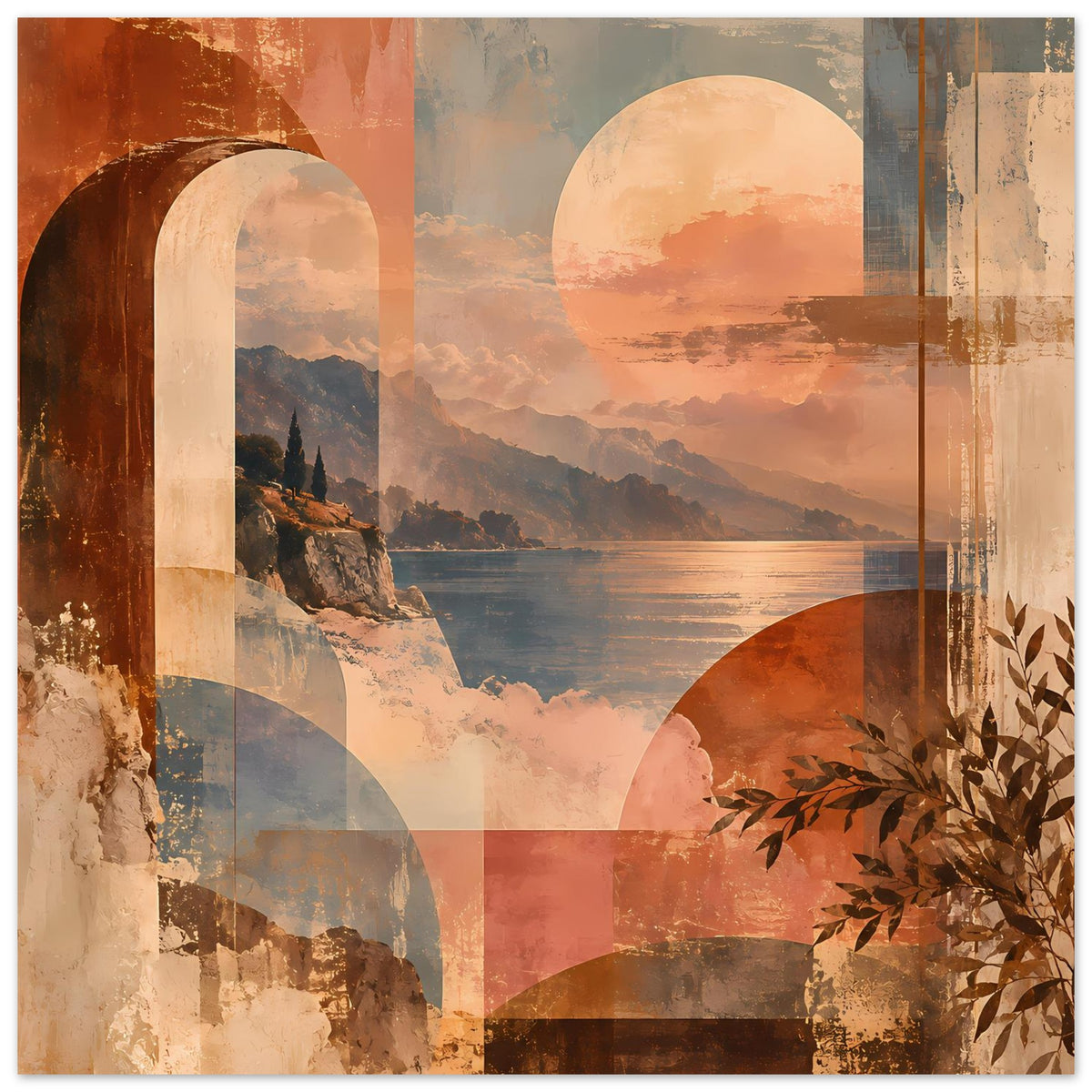 Landschaftsposter mit abstrakter Küste: Sonnenuntergang, Meer und Felsen, Bögen und Blattzweig.