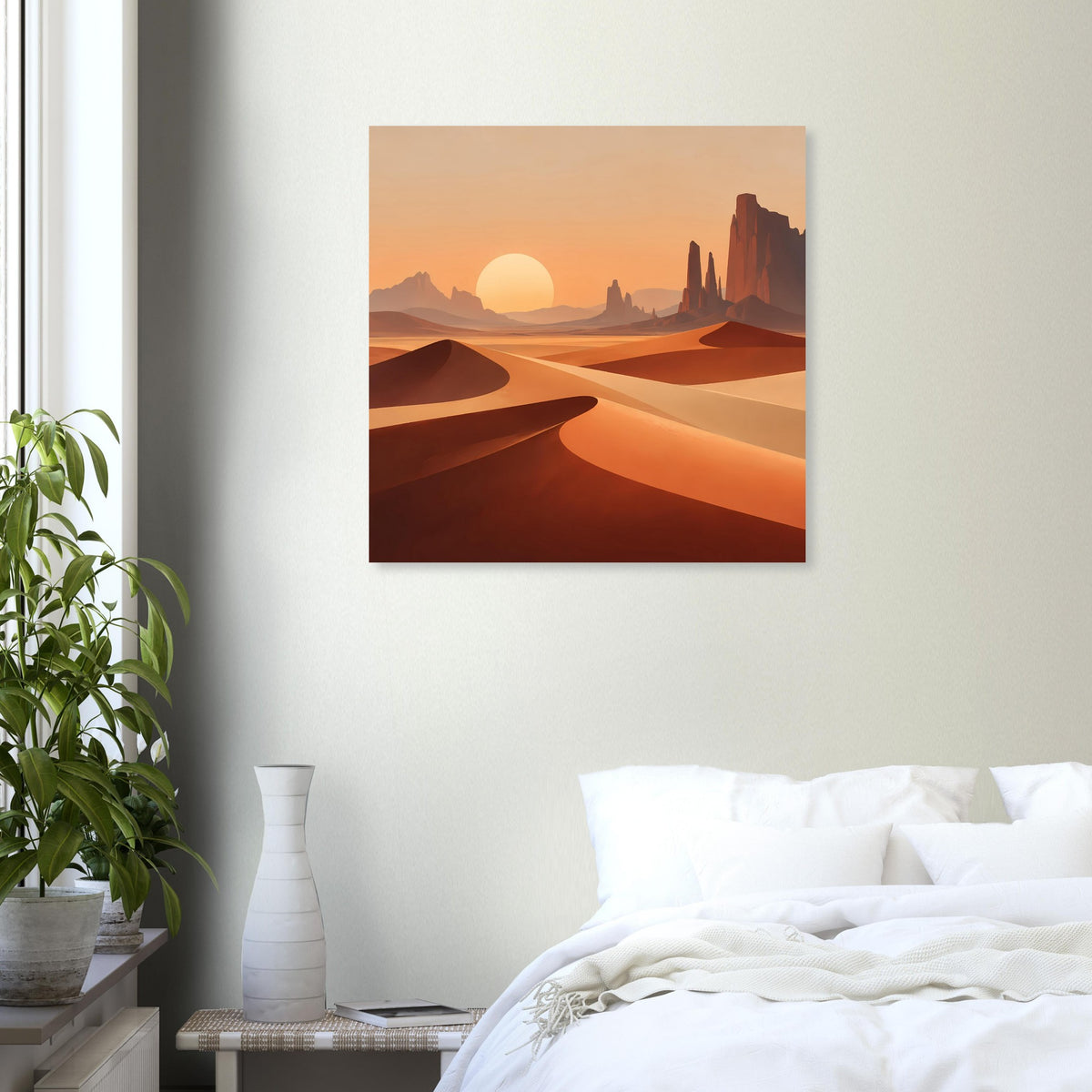 Gerahmtes quadratisches Poster: Wüstenlandschaft mit orangefarbenen Dünen und Sonne am Horizont