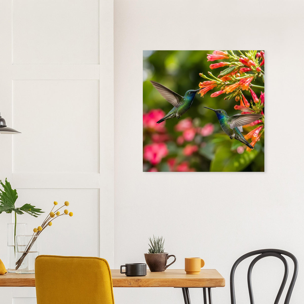 Quadratisches Poster mit Kolibris an leuchtenden Blüten