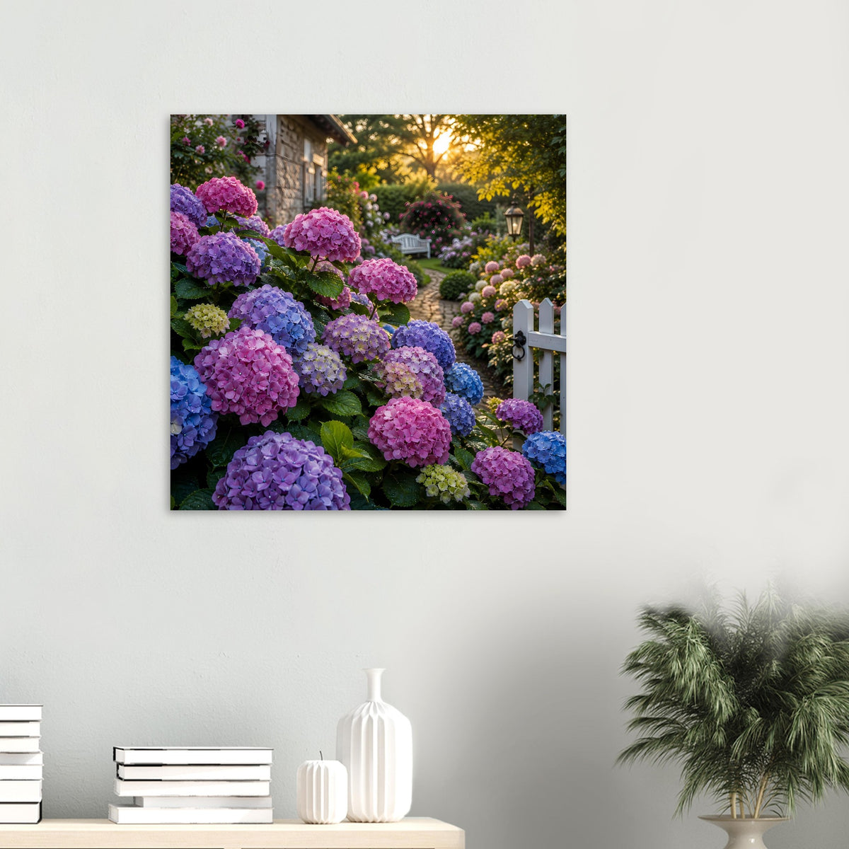 Gartenposter im Quadratformat: Hortensienblüten in Pink und Blau vor Gartenweg