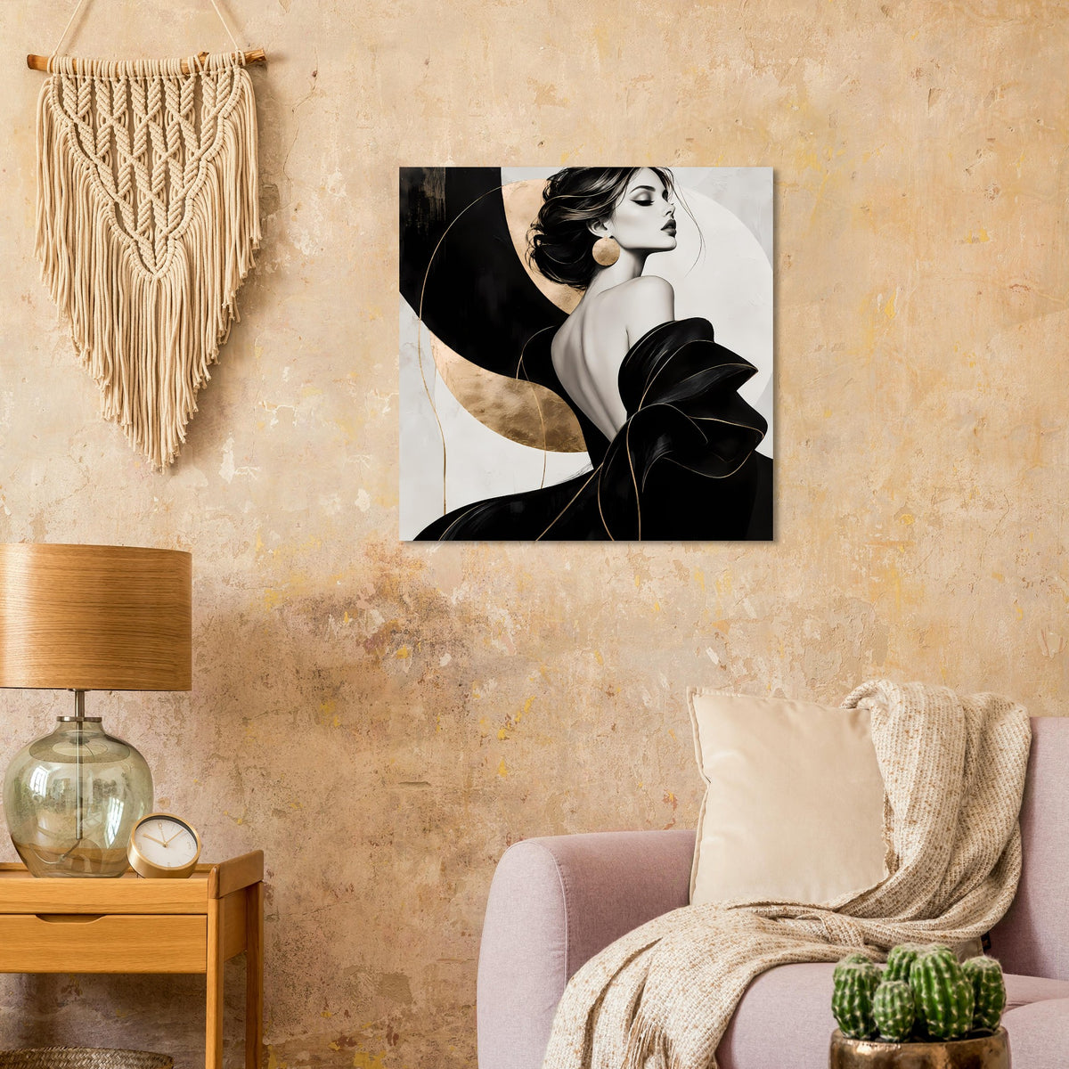 Quadratisches mattes Poster mit Frau im Profil, schwarz und goldene Akzente