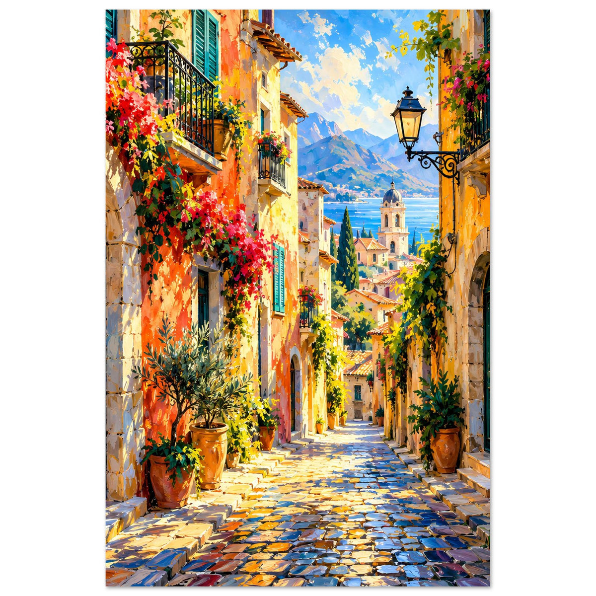 Poster mediterrane Gasse mit Blumenkübeln, grünen Türen und Bergkulisse