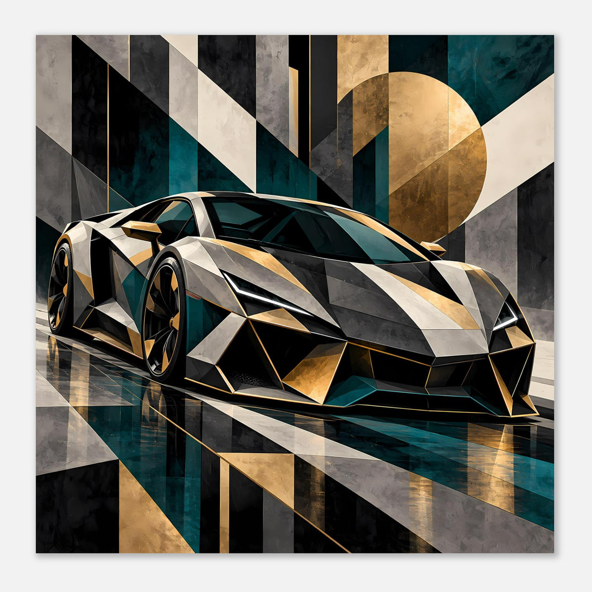 Autoposter: Frontansicht mit geometrischen Mustern, Sportwagen in Gold, Petrol und Schwarz