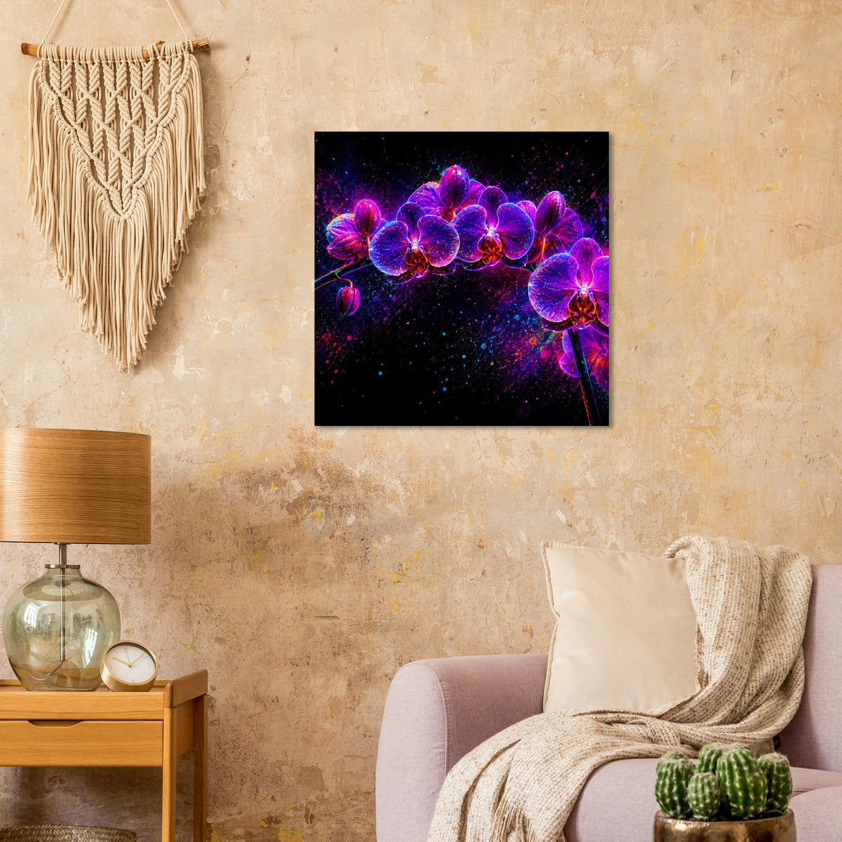 Blumenposter mit Neon-Orchideen im schwarzen Rahmen, leuchtende pinke und violette Blüten im Kreis.