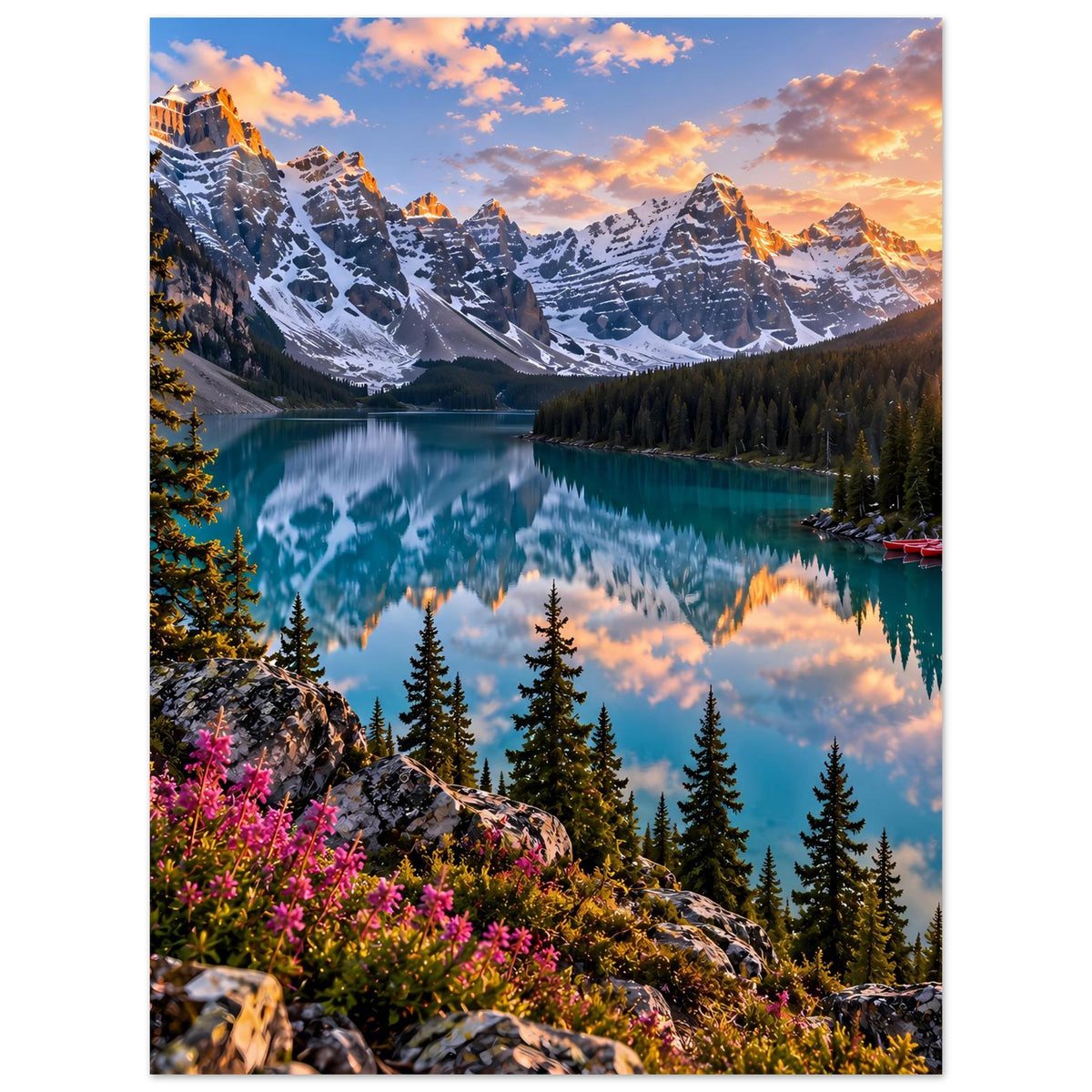 Poster mit Gebirgssee bei Sonnenuntergang, türkisfarbenes Wasser und Bergpanorama mit Booten