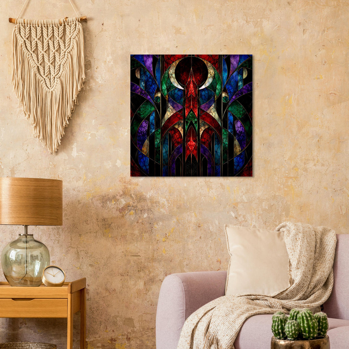 Geometrisches Art-déco-Poster mit farbenfrohem Buntglas-Mosaik