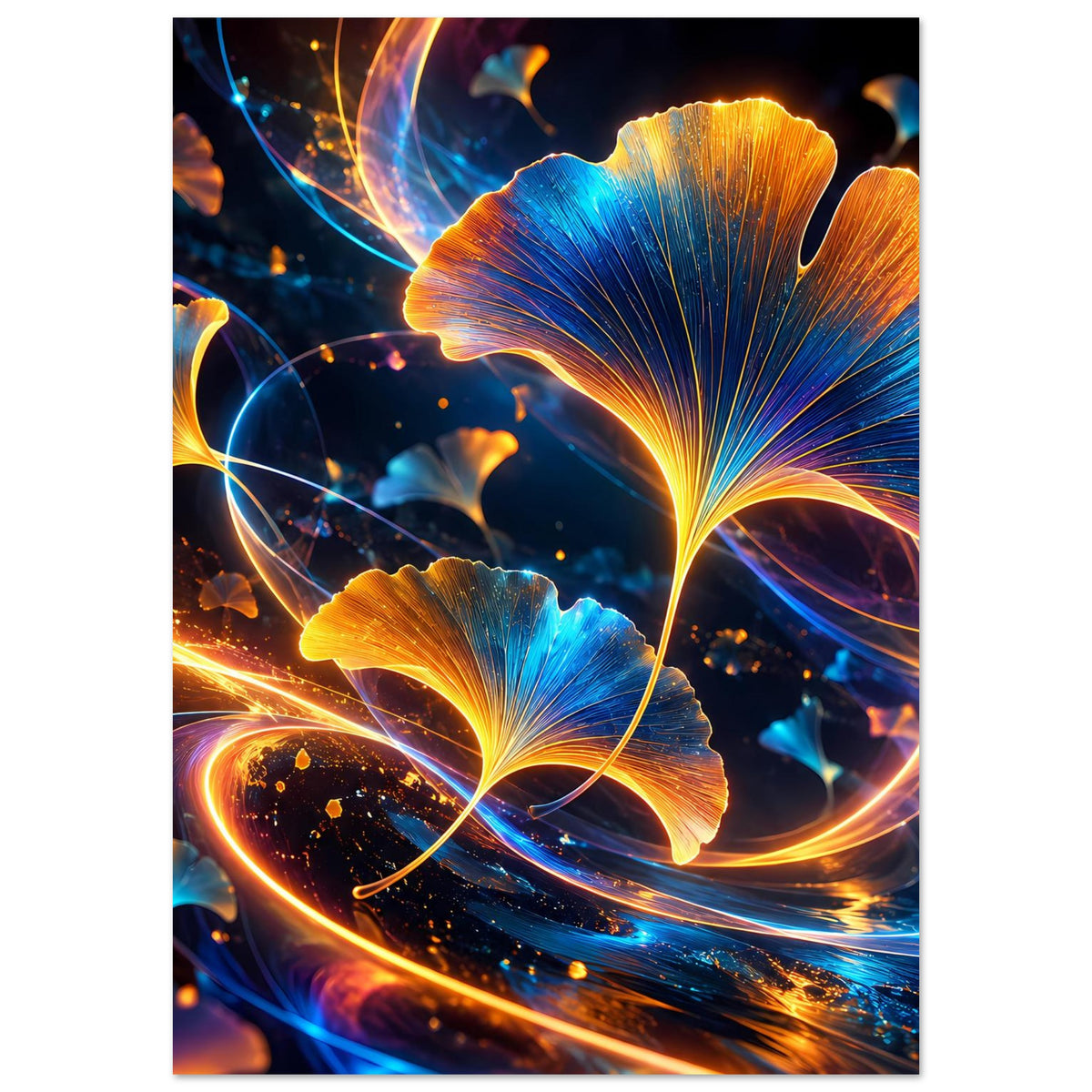 Botanisches Poster im Hochformat mit Ginkgo-Blättern, blauem Hintergrund und goldener Leuchtgrafik