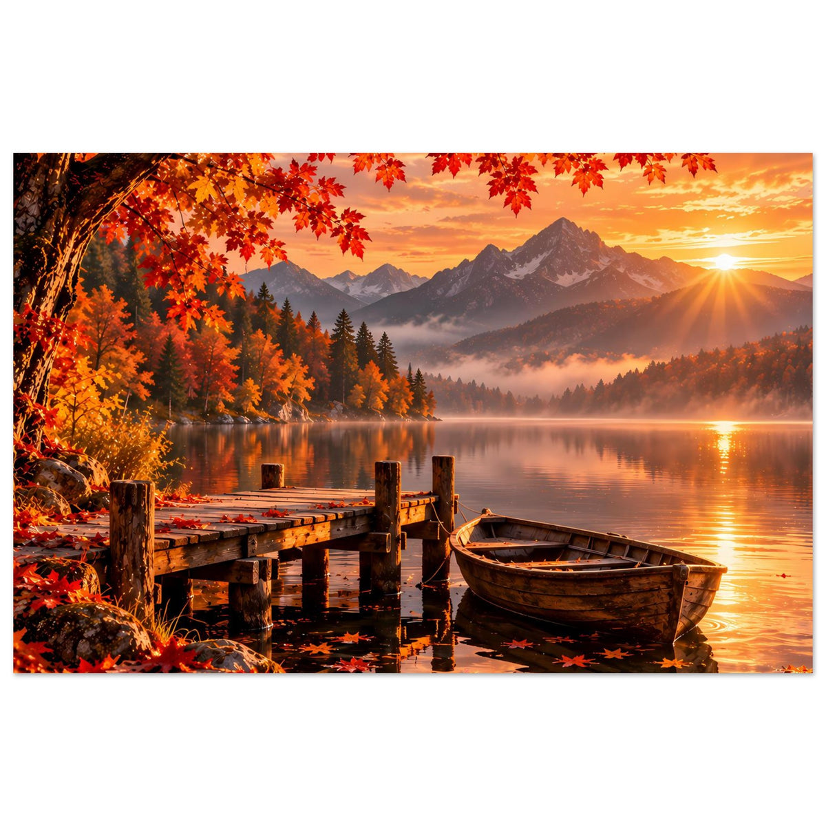 Herbstliches Bergsee-Poster mit Ruderboot, Steg und roten Ahornblättern am Ufer