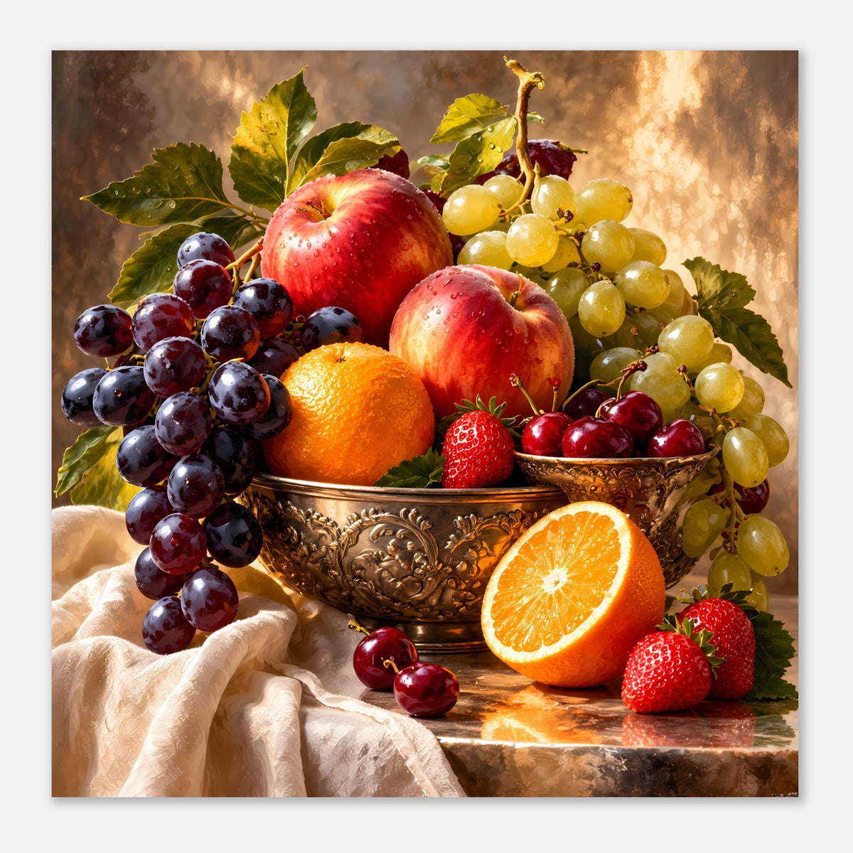 Stillleben-Poster, quadratisch: Obstschale mit Trauben, Äpfeln, Orangehälfte, Erdbeeren.