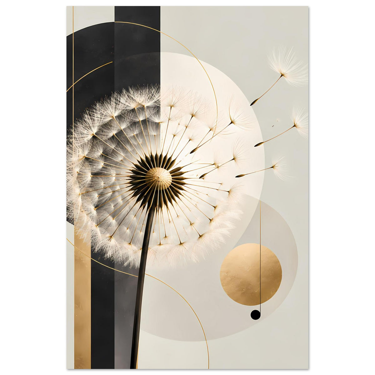 Dandelion-Poster: Pusteblume mit goldenen Kreisen und feinen Samenfäden