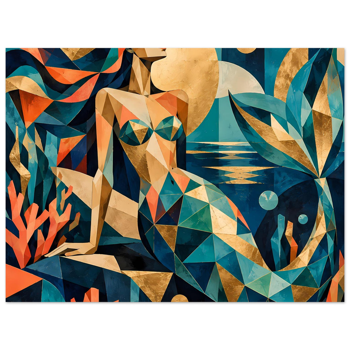 Kunstposter mit geometrischer Meerjungfrau in Blaugrün, Gold und Koralle, vertikal