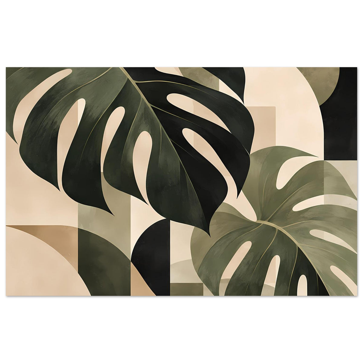 Querformat-Poster mit abstrakten Monstera-Blättern in Salbeigrün, Beige und Dunkelgrün