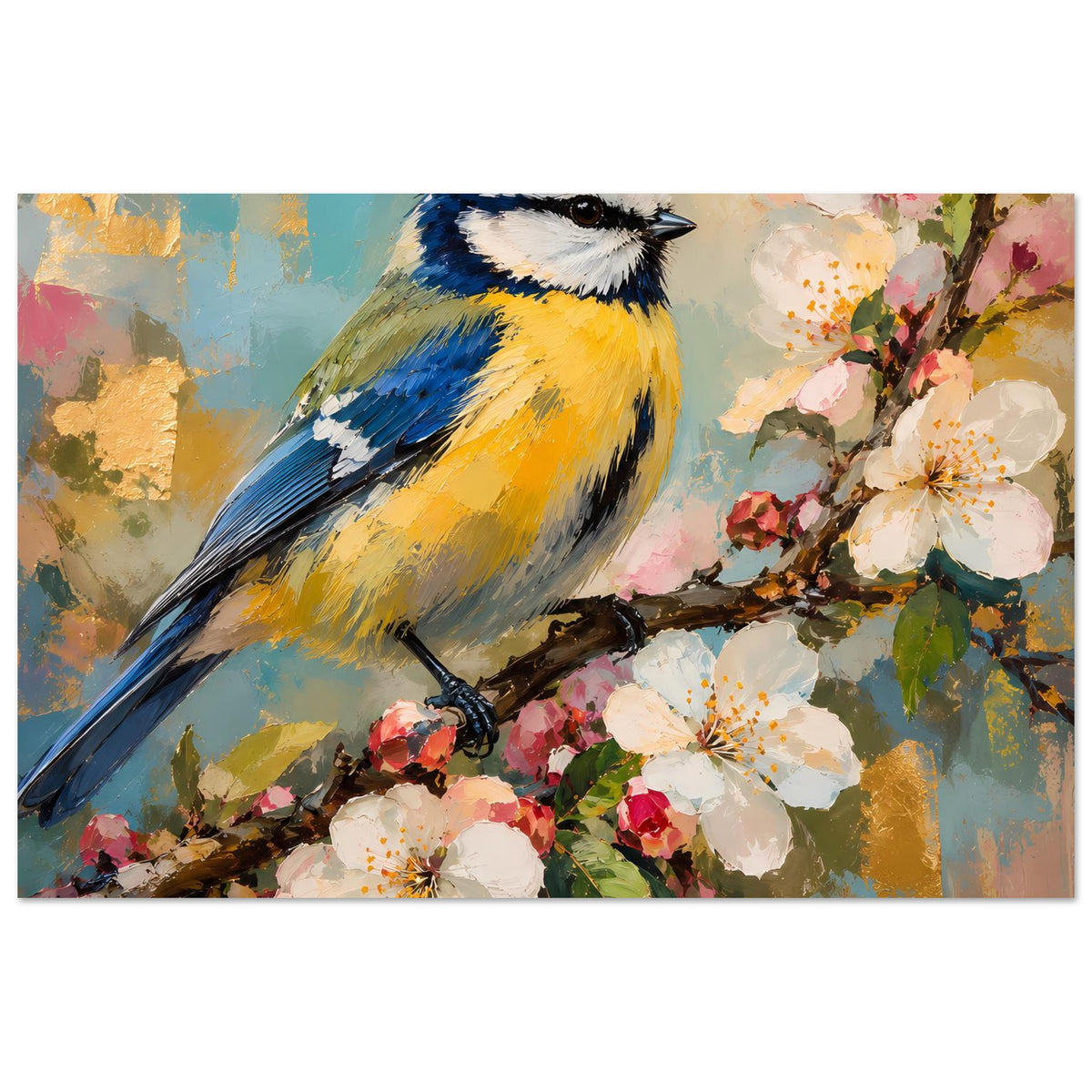 Vogelkunst-Poster: großer blauer, gelber Vogel auf braunem Zweig mit rosa und weißen Blüten