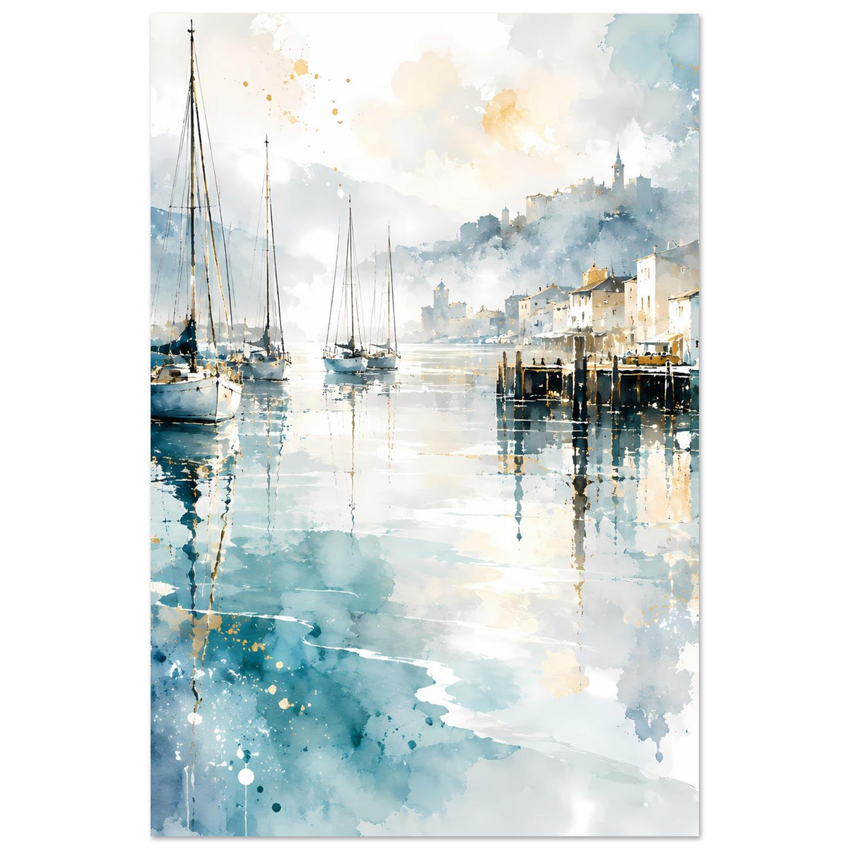 Vertikales Aquarell-Poster mit Segelbooten, Schleierwolken und Hafenstadt im Blau