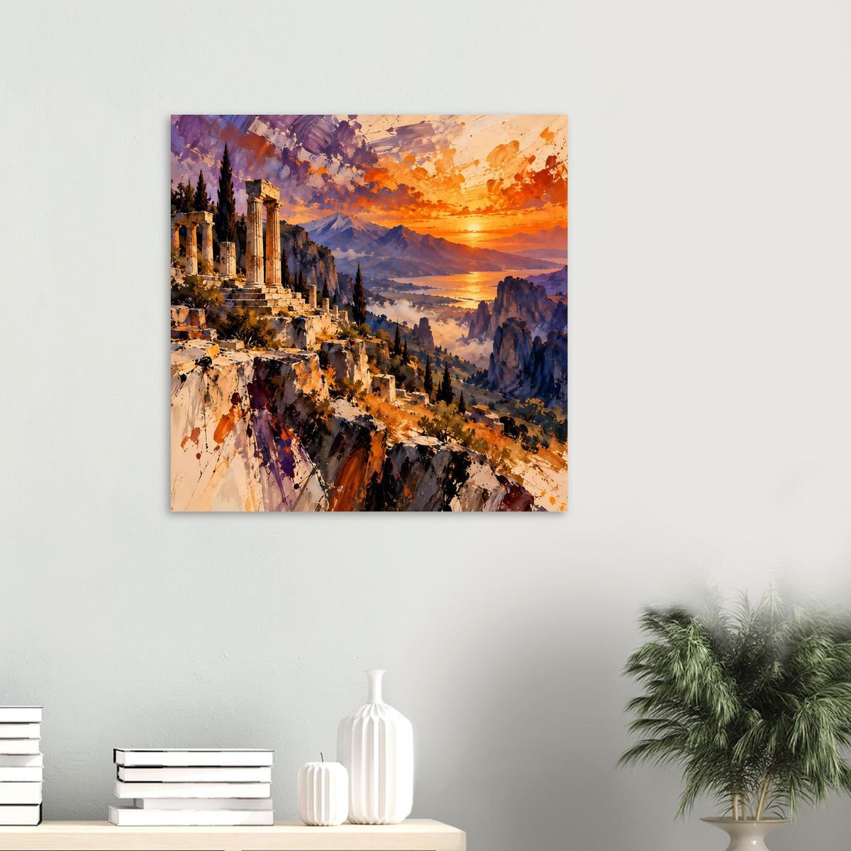 Premium-Mattposter mit Ruinenlandschaft und Sonnenuntergang, kleines Wandformat, orangefarbener Himmel