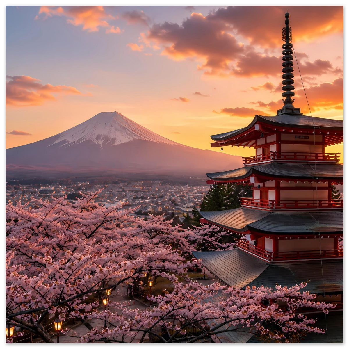 Poster im Hochformat: Kirschblütenallee, Mount Fuji und roter Tempel