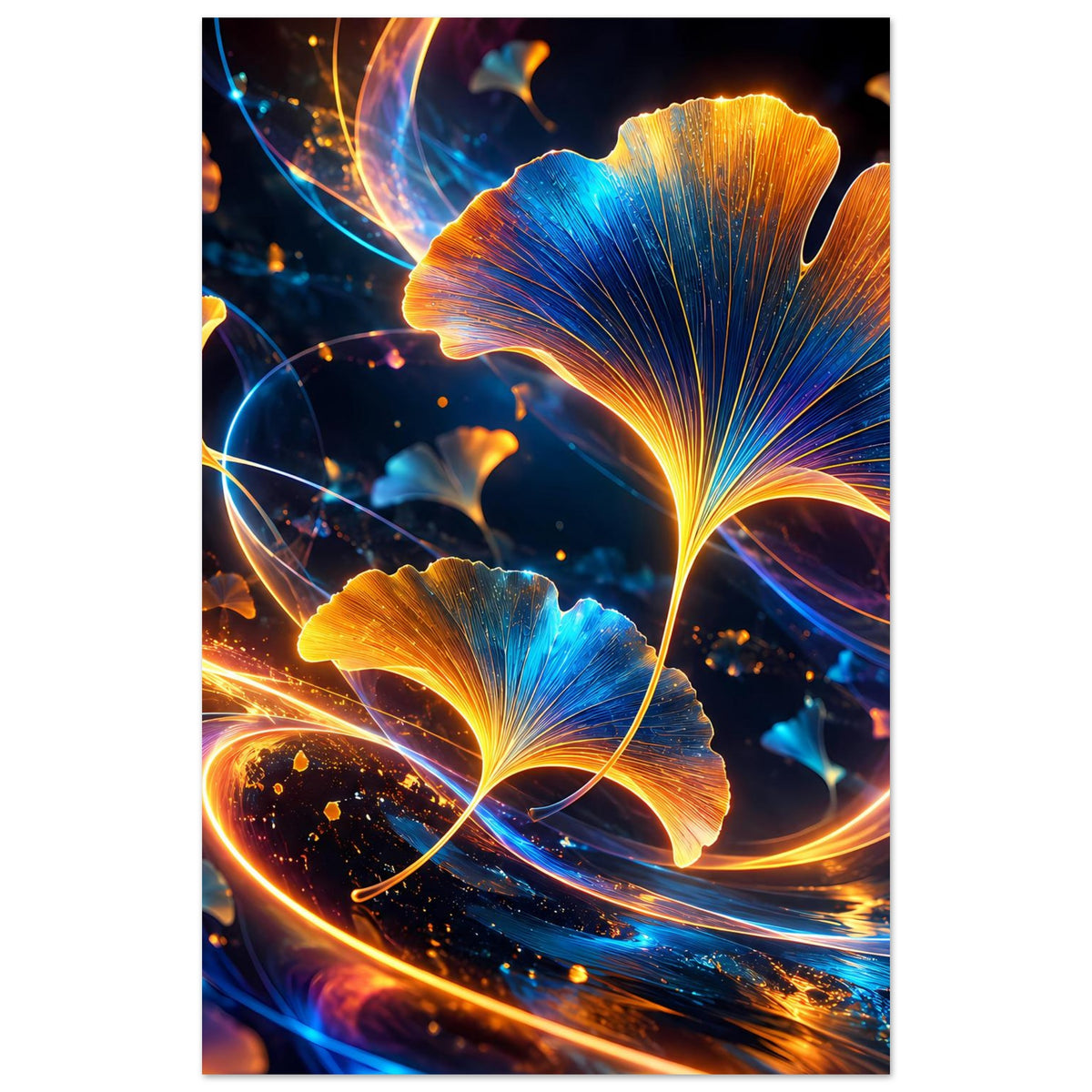 Botanisches Poster: zwei leuchtende Ginkgo-Blätter in Blau und Gold mit Lichtschlingen