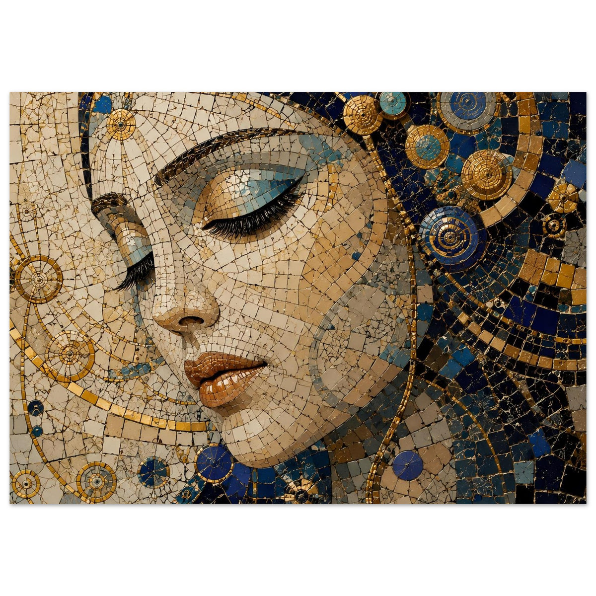 Poster mit Mosaik-Portrait im Stil antiker Kunst, Frauengesicht in Blau-Gold-Tönen