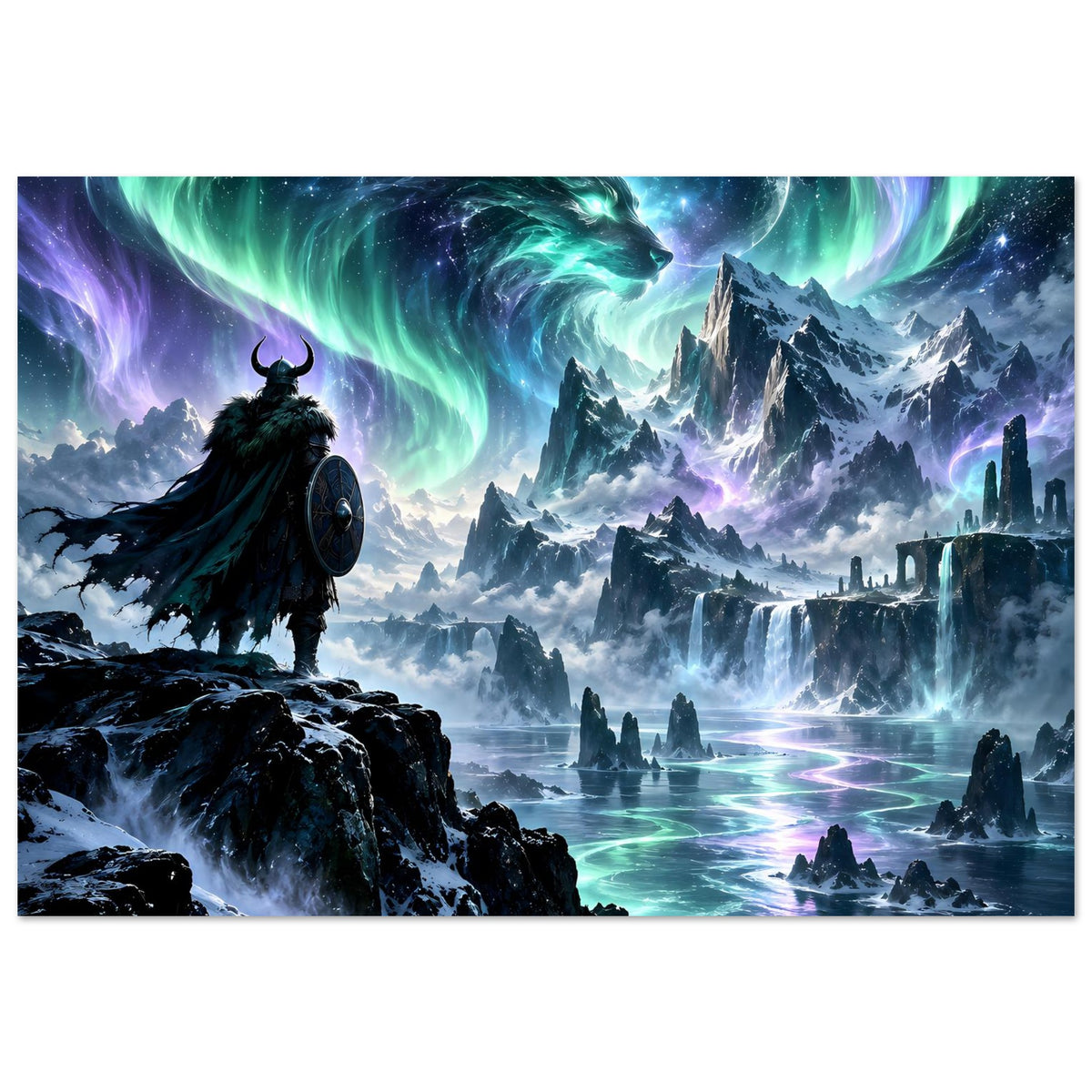 Fantasy-Poster im Querformat: Polarlicht über Eisfjord, Krieger mit Drachenblick