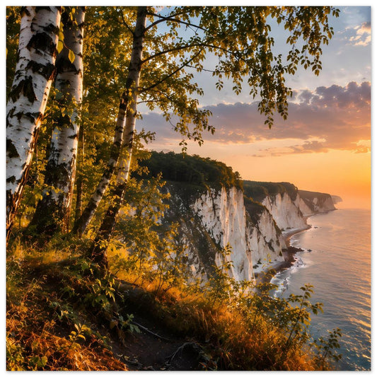 Poster mit Birken am Kreidefelsen und Küste bei Sonnenuntergang, Meerblick