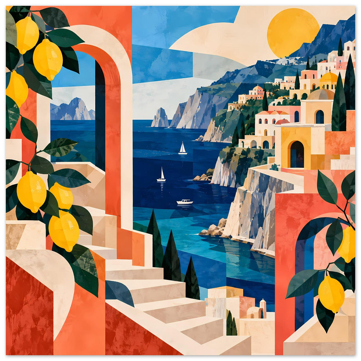 Mediterranes Küstenposter (vertikal) mit Meereslandschaft, Häusern, Sonne und Zitronen