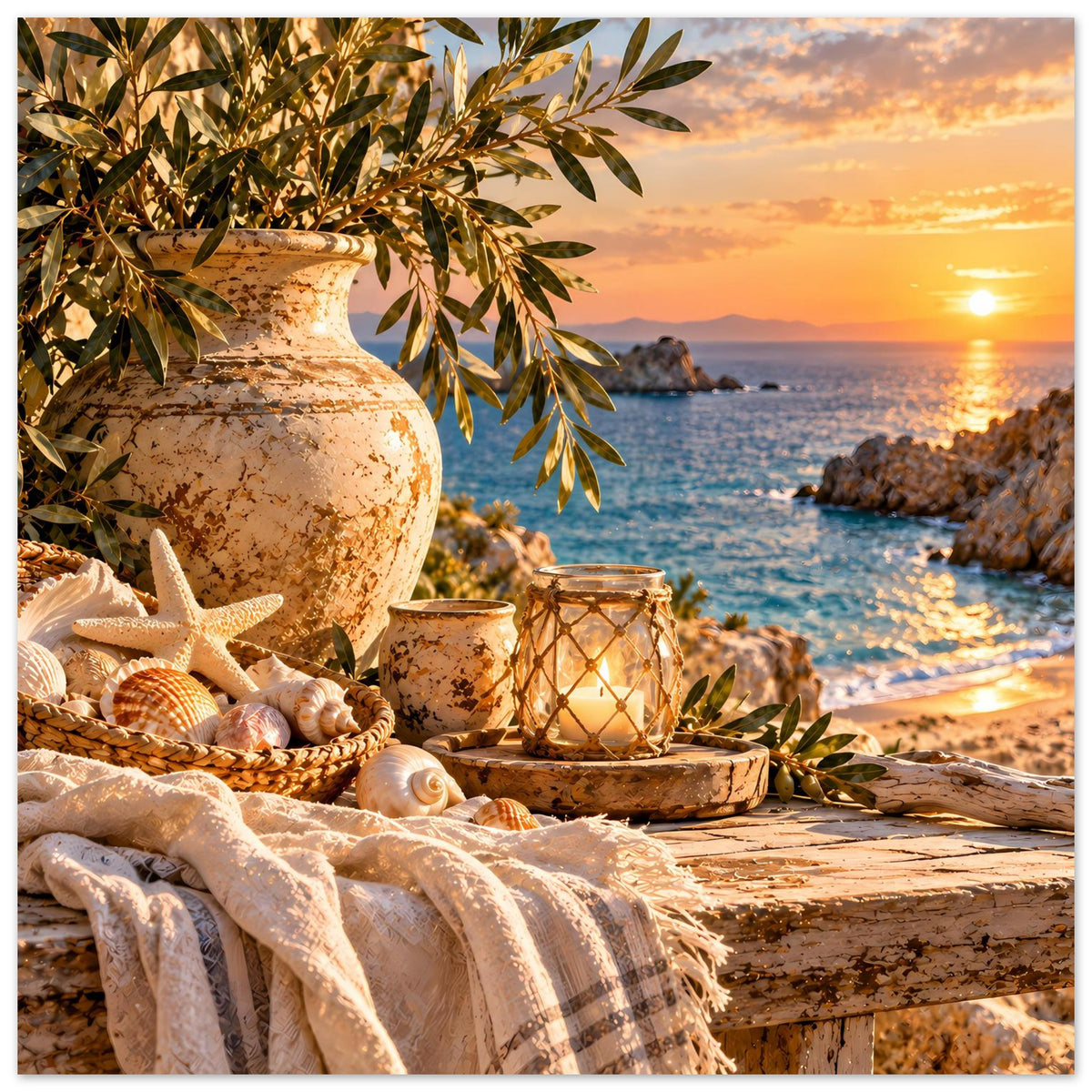 Mediterranes Küstenstillleben: große Kerze, Olivenzweige, Muscheln und Sternschale
